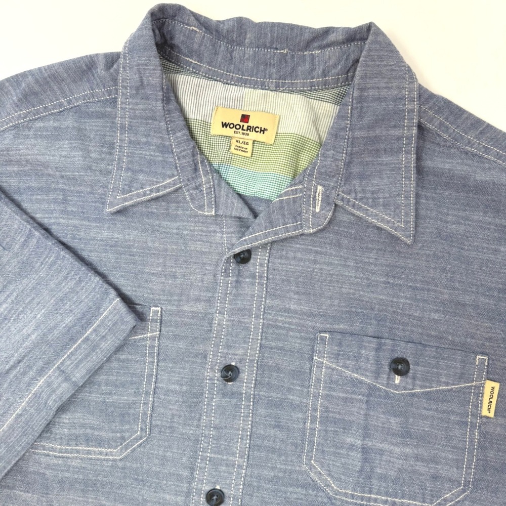 Woolrich Mens XL Blue Short Sleeve Button Down Chambray Utility Shirt Pockets